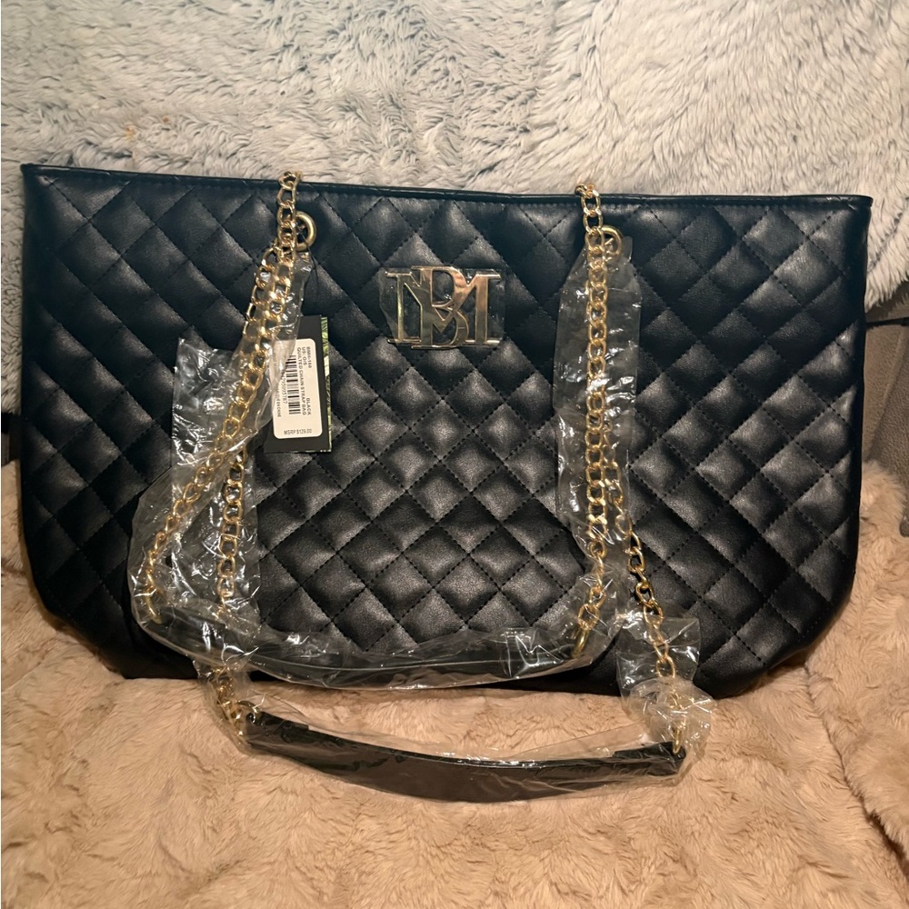 Badgley Mischka Quilted Black Tote with Gold Chain Straps